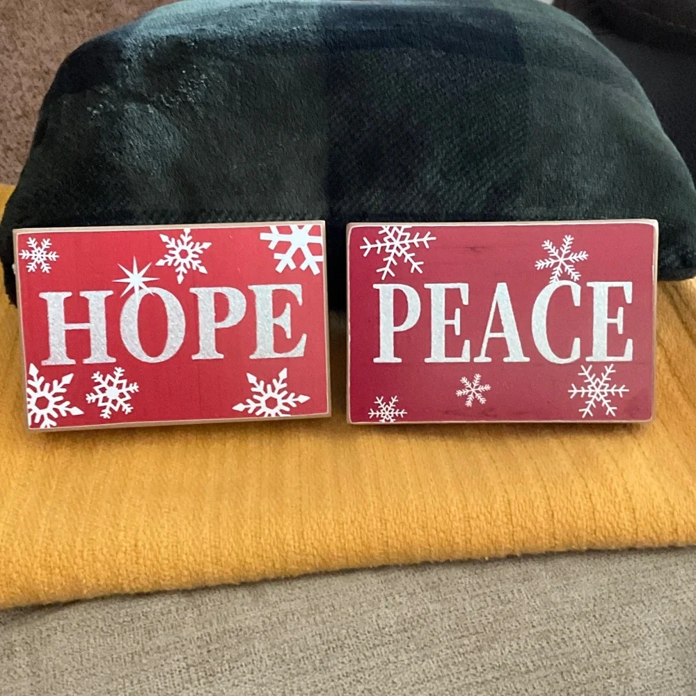Holiday 'Hope' and 'Peace' Red Wooden Block Signs - Set of 2